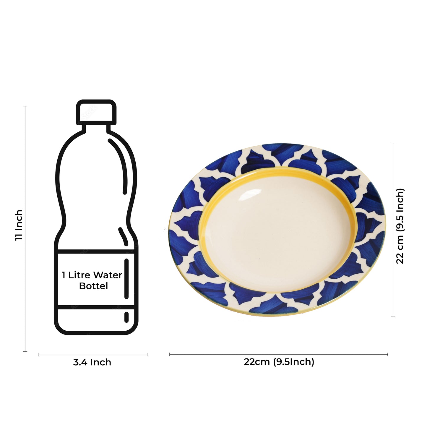 Caffeine Ceramic Handmade Stoneware Blue Umrao 9 inch Soup Plate/Pasta Plate/Maggie Plate/Macaroni Plate (Set of 4 Dishwasher & Microwave Safe) - Caffeine Premium Stoneware
