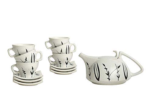 Caffeine Ceramic Handmade White Bamboo Printed Tea Sets (Set of 15 pcs) - Caffeine Premium Stoneware