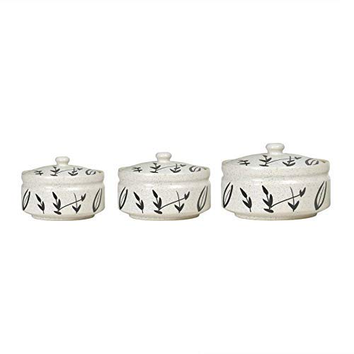 Caffeine Ceramic Handmade white Bamboo Casserole Set of 3 (1 Large, 1 Medium and 1 Small, White and Black) - Caffeine Premium Stoneware