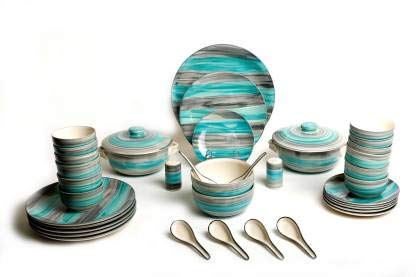 Caffeine Ceramic Handmade Sea Green Dinner Set (37 pcs. Dishwasher Safe & Microwave Safe) - Caffeine Premium Stoneware