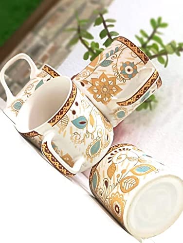 Caffeine Ceramic Handmade White & Gold Floral Tea Cup set of 4 - Caffeine Premium Stoneware