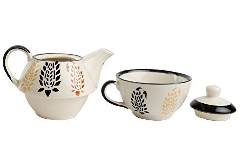 Caffeine Ceramic Handmade Blue boota 2 in1 Tea Pot (Set of 1, Single Kettle with Cup)