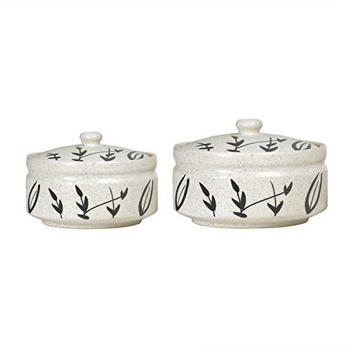 Caffeine Ceramic Handmade white Bamboo Casserole Set of 3 (1 Large, 1 Medium and 1 Small, White and Black) - Caffeine Premium Stoneware
