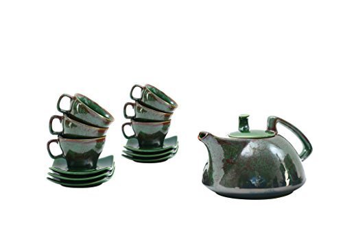 Caffeine Ceramic Handmade Green Ferrous Printed Tea Sets (Set of 15 pcs) - Caffeine Premium Stoneware