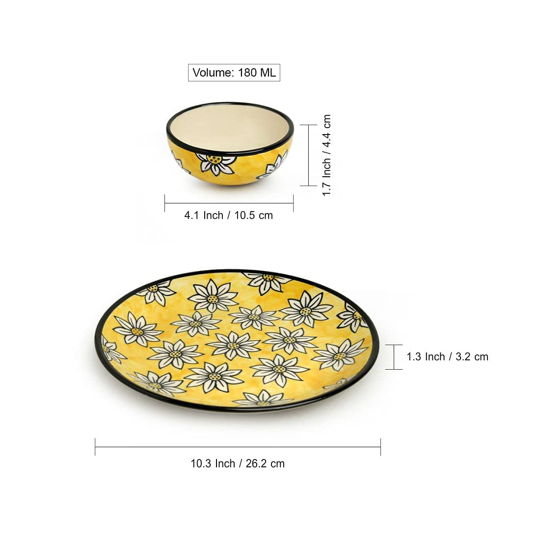 Caffeine Ceramic Handmade Californian Sunflowers Dinner Set (Set of 3) 1 Dinner plate & 2 Katori Bowl
