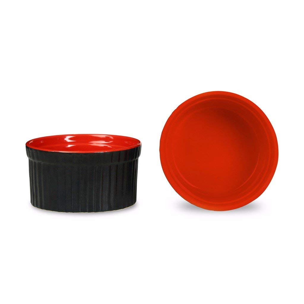 Caffeine Ceramic Handmade Matte Black & Glossy Red Ramekins Bowl (Set of 6, 150 ml) - Caffeine Premium Stoneware