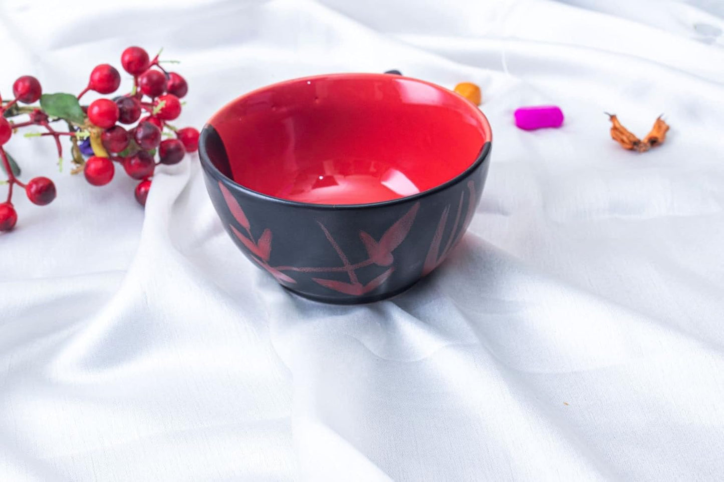 Caffeine Ceramic Handmade Red & Black Combo Dinner Set 2 pcs. (1 Dinner Plate,1 Katori Bowl)