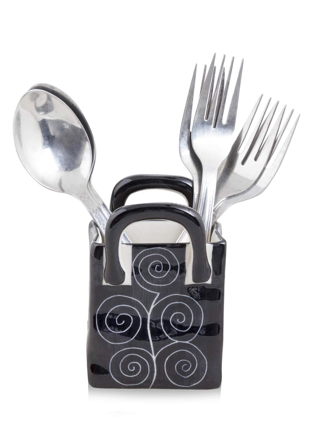 Caffeine Ceramic Stoneware Handmade Black Doodle Pen & Cutlery Holder (set of 1) - Caffeine Premium Stoneware