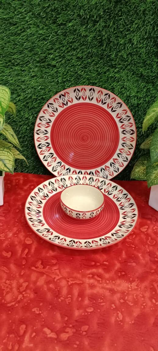 Caffeine Ceramic Handmade Orange Arrow Pattern Combo Dinner set (4 pcs)