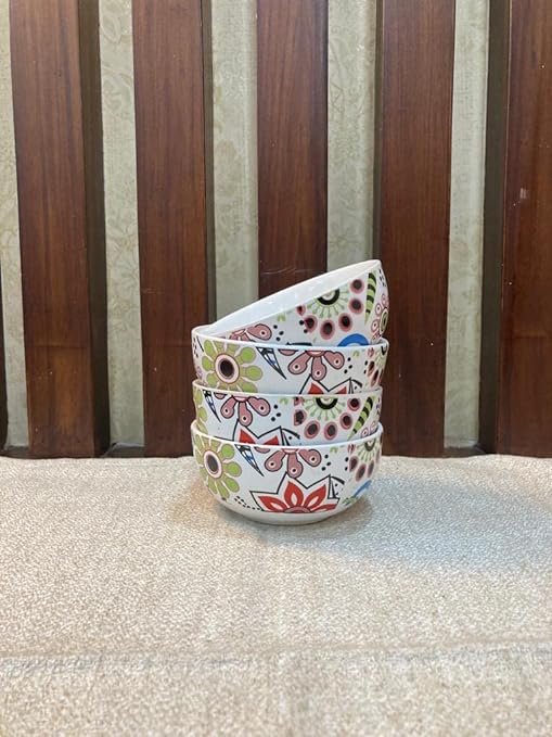 Caffeine Ceramic Handmade Multicolor Flower Design Katori Bowl (Set of 4 ) - Caffeine Premium Stoneware