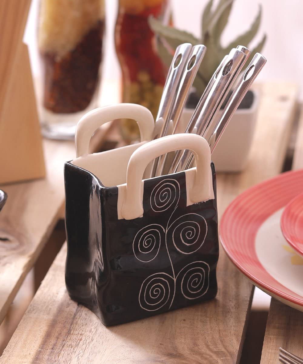 Caffeine Ceramic Stoneware Handmade Black Doodle Pen & Cutlery Holder (set of 1) - Caffeine Premium Stoneware