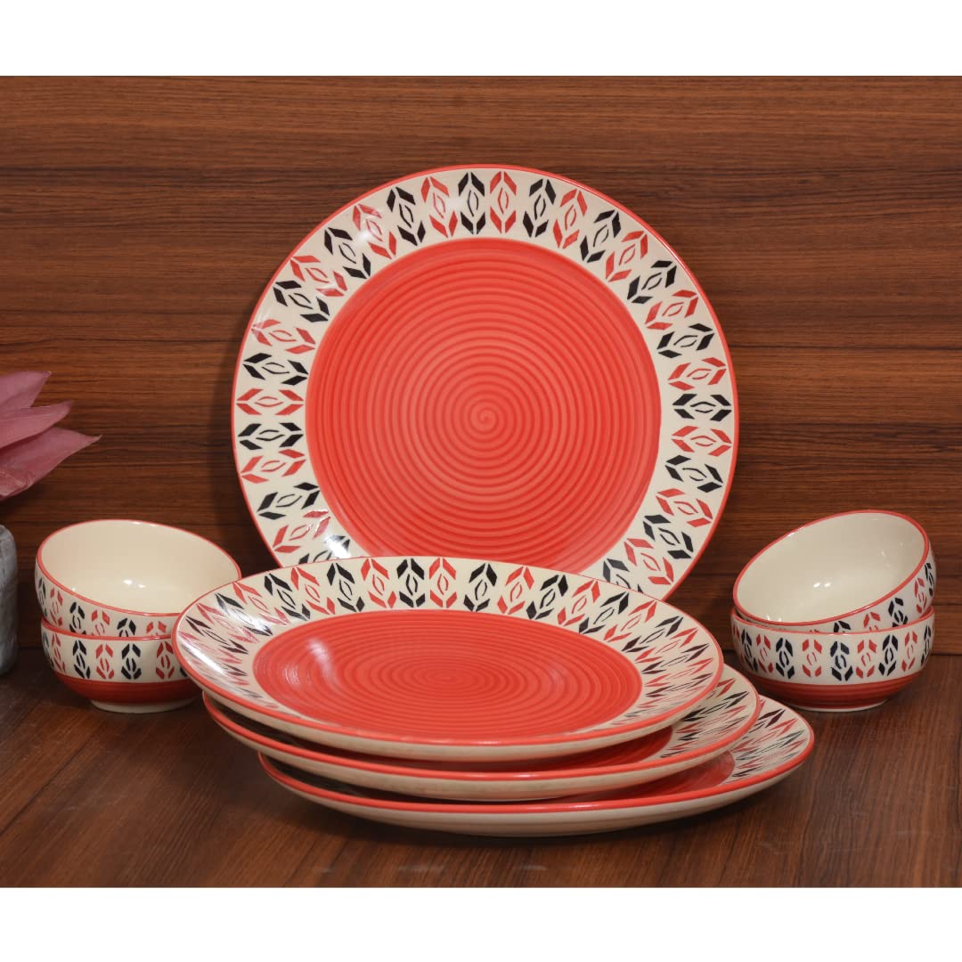 Caffeine Ceramic Stoneware Handmade Orange Arrow Pattern Combo Dinner Set of 8 - Caffeine Premium Stoneware