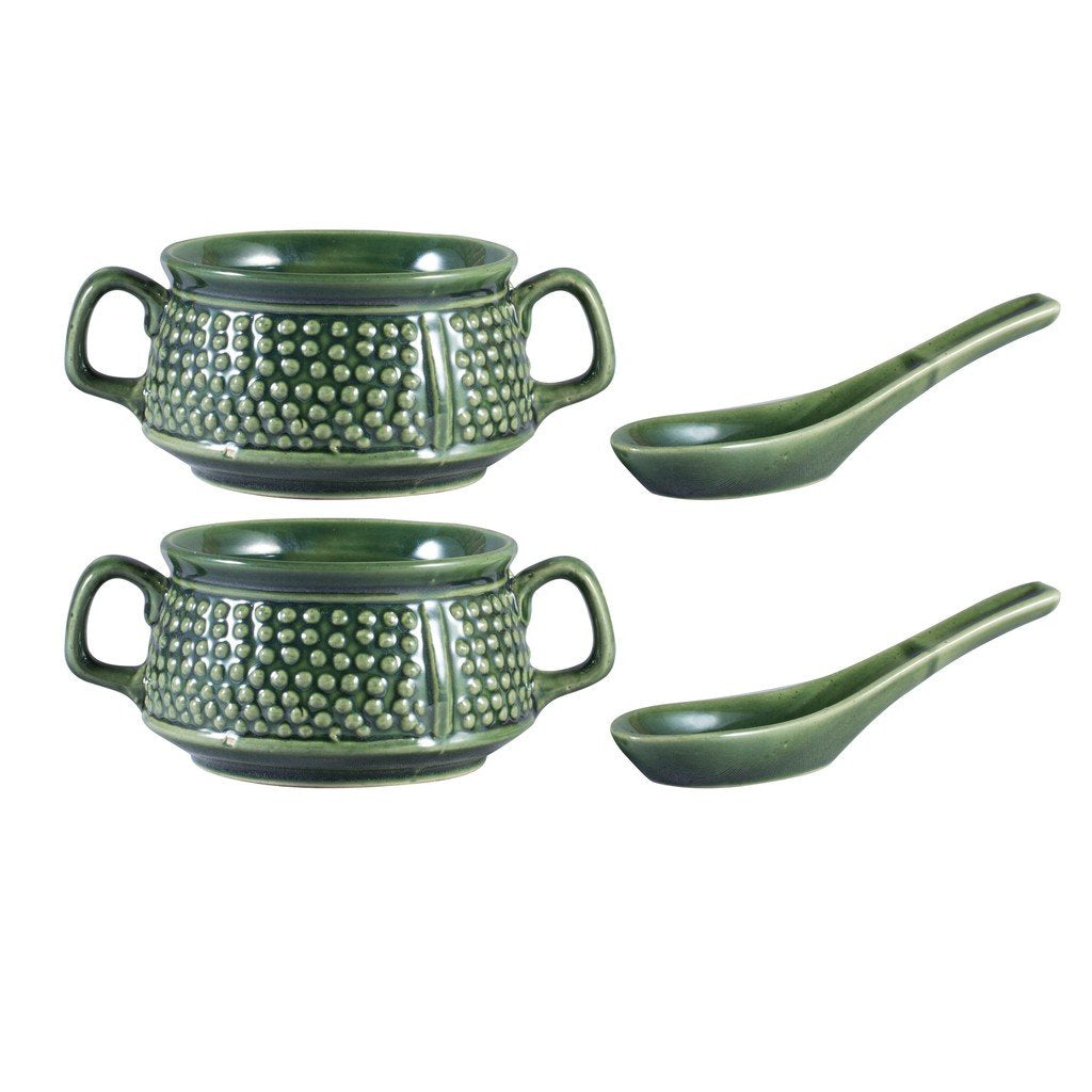 Caffeine Ceramic Handmade Green Bubble Double Handled Soup Bowl with Spoon (Set of 2) - Caffeine Premium Stoneware