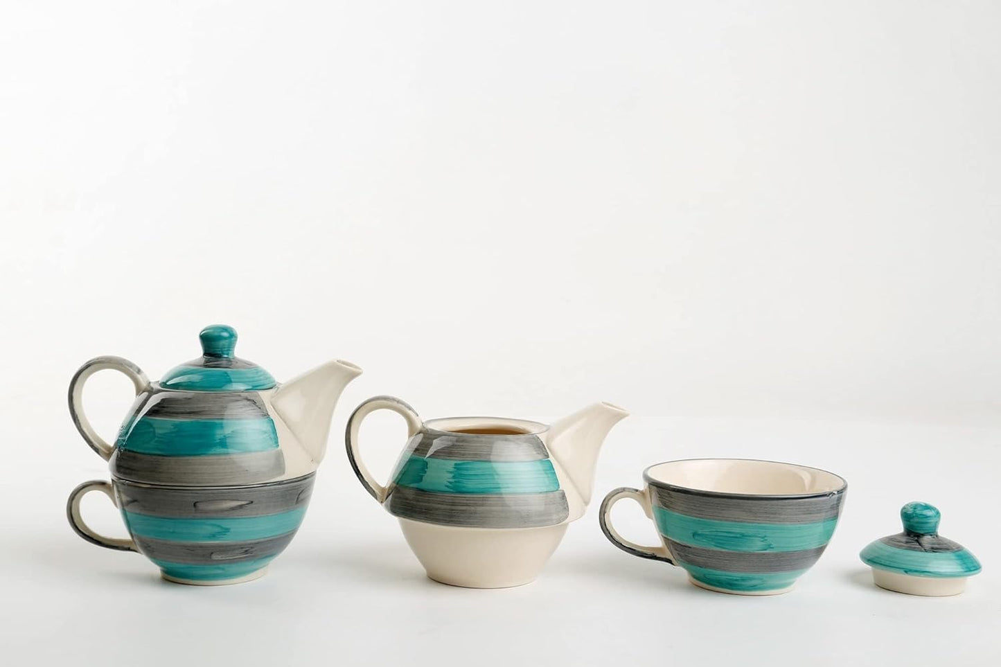 Caffeine Ceramic Handmade Sea Green 2 in 1 Tea Pot (Set of 2, Kettle with Cup)