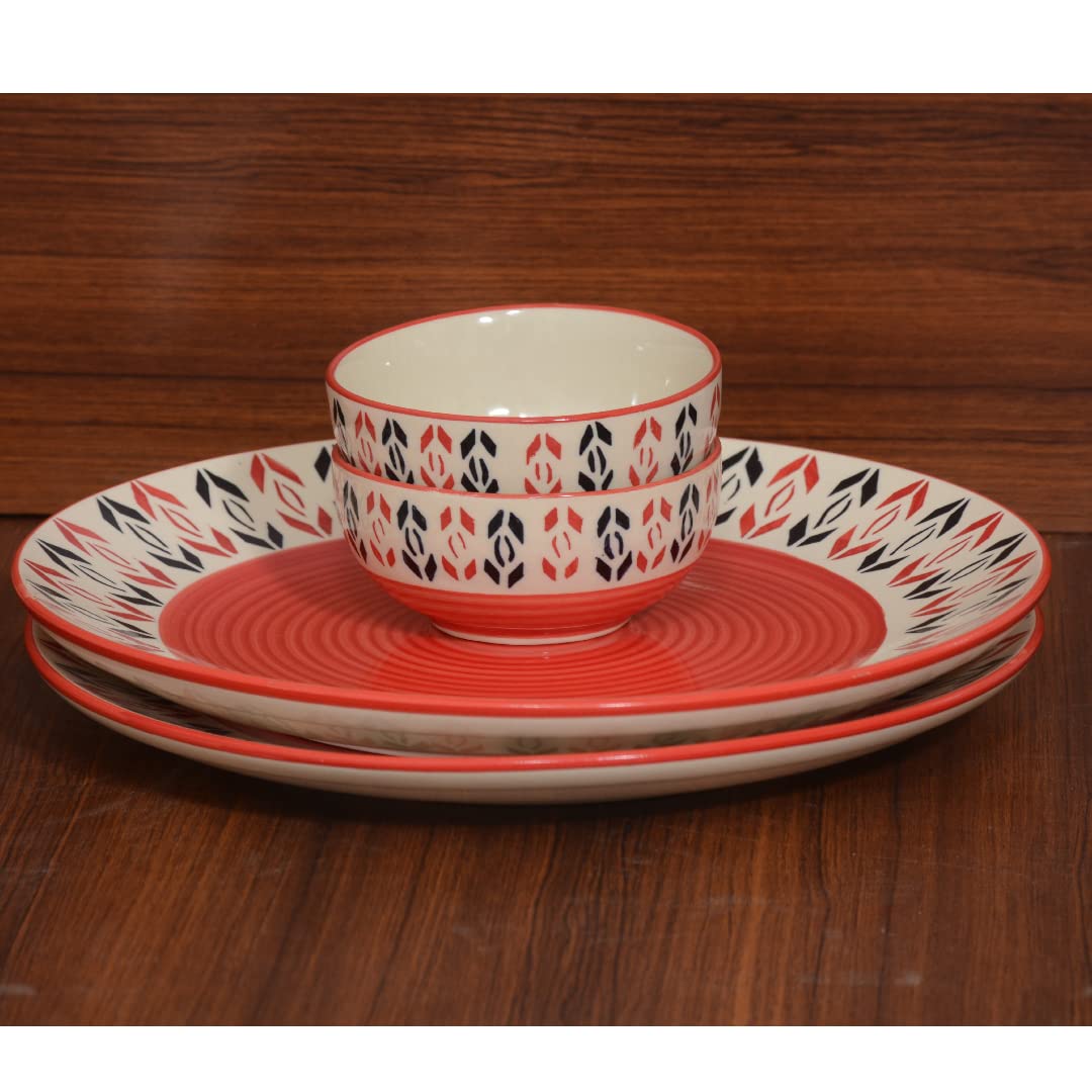 Caffeine Ceramic Stoneware Handmade Orange Arrow Pattern Combo Dinner Set of 8 - Caffeine Premium Stoneware