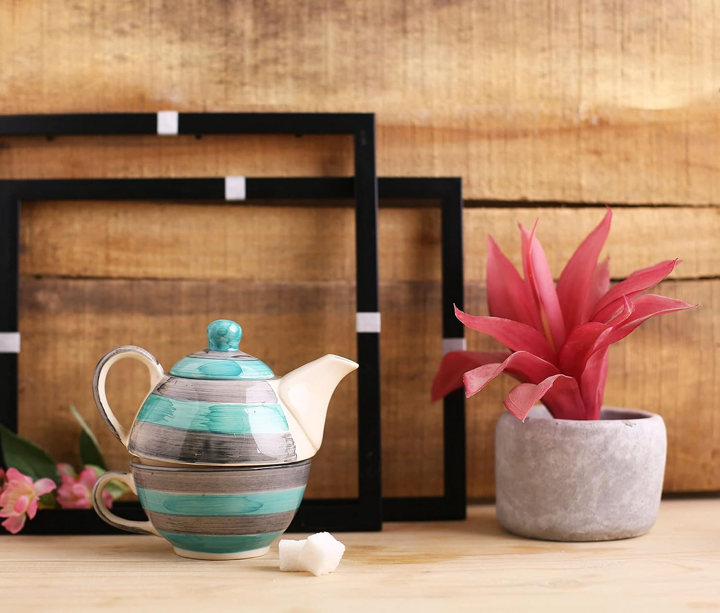 Caffeine Ceramic Handmade Sea Green 2 in 1 Tea Pot (Set of 2, Kettle with Cup)