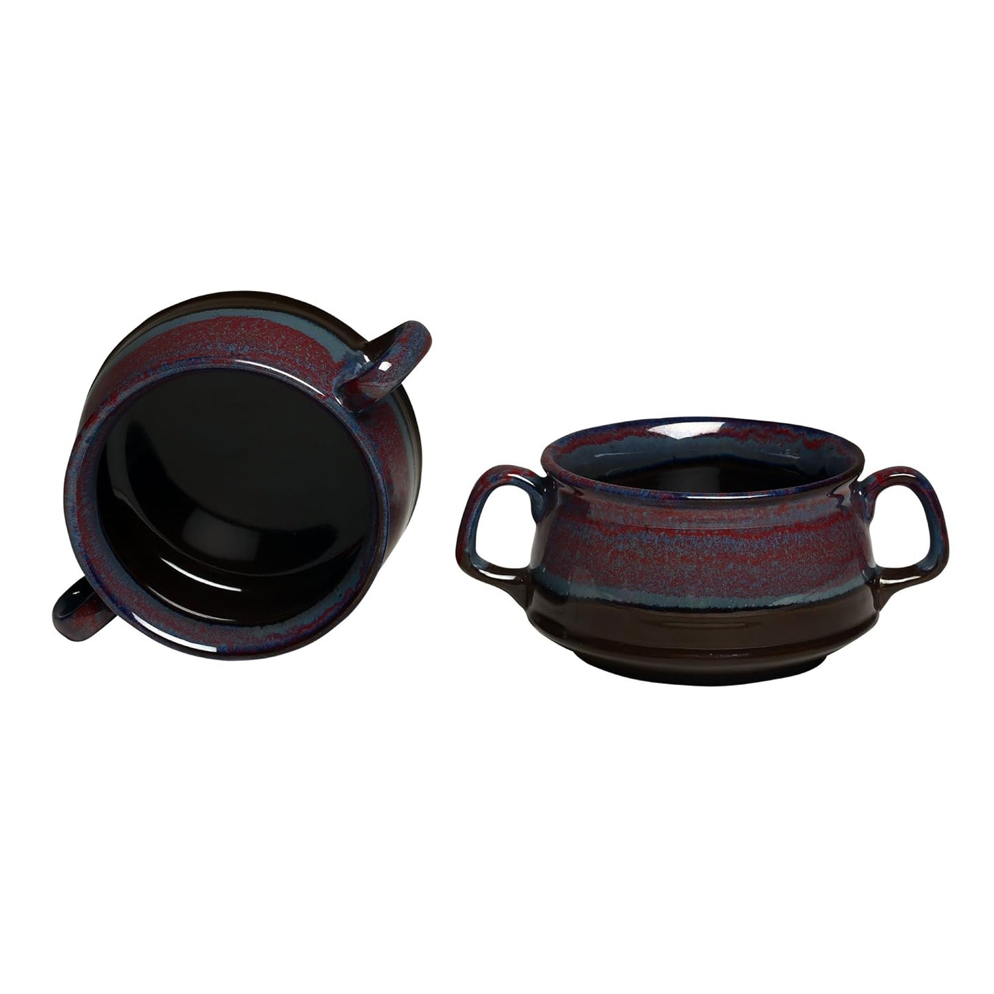 Caffeine Ceramic Handmade Magenta Multi Studio Double Handle Soup Bowls with spoon set of 6 - Caffeine Premium Stoneware