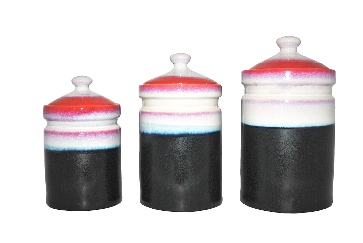 Caffeine Ceramic Stoneware Handmade White And Black & Red Barni/Pickle Jar (Set of 3) - Caffeine Premium Stoneware