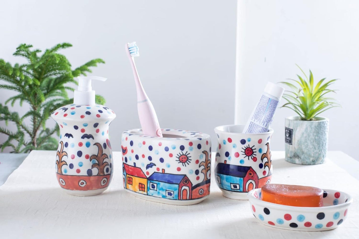 Caffeine Ceramic Handmade Stoneware Family Hut Bathroom Accessories Set of 4 (Liquid Soap Dispenser, Soap Tray, Toothbrush Holder, Tumbler) - Caffeine Premium Stoneware