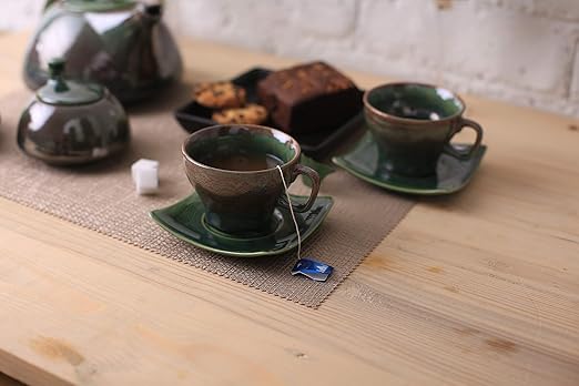 Caffeine Ceramic Handmade Green Ferrous Printed Tea Sets (Set of 15 pcs) - Caffeine Premium Stoneware
