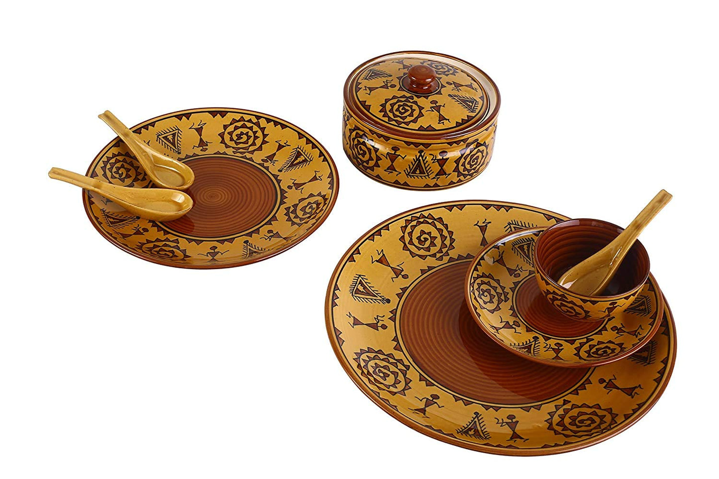 Caffeine Ceramic Handmade Mustard Romani Dinner Set (37 pcs. Microwave Safe & Dishwasher Safe) - Caffeine Premium Stoneware