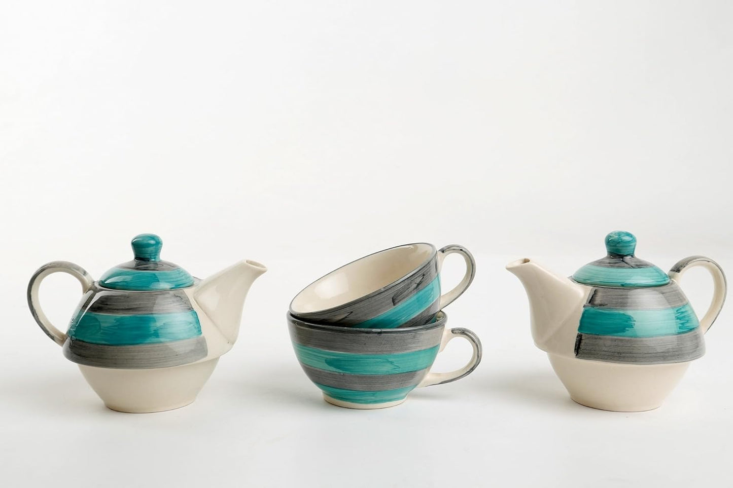 Caffeine Ceramic Handmade Sea Green 2 in 1 Tea Pot (Set of 2, Kettle with Cup)