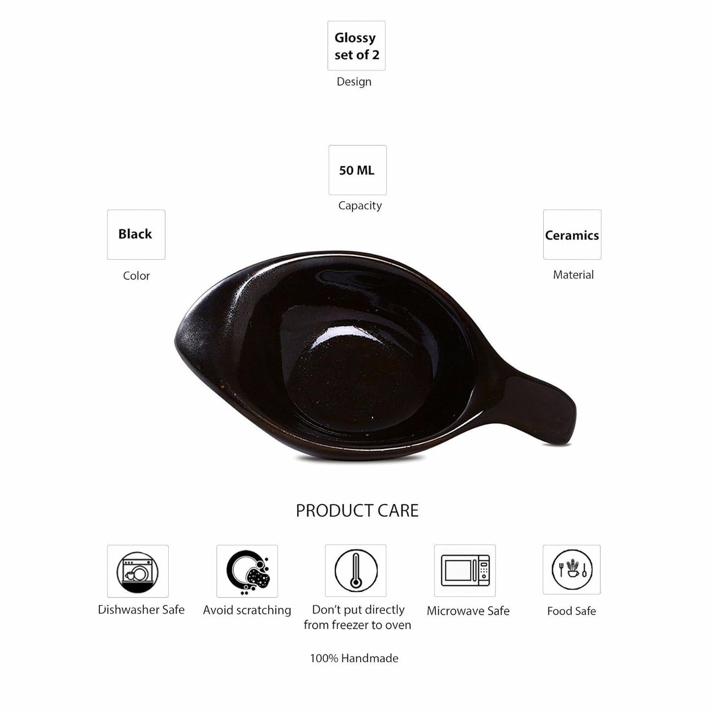 Caffeine Ceramic Stoneware Handmade Black Glossy Diya Shape Dip and Sauce (Set of 2, 40 ml) - Caffeine Premium Stoneware