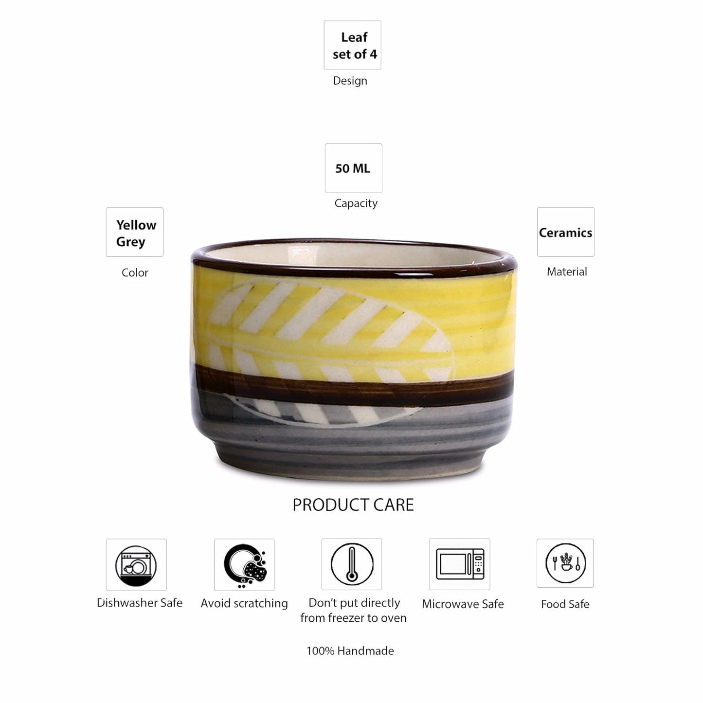 Caffeine Ceramic Handmade Yellow & Grey Leaf Dip and Sauce (Set of 4, 50 ml) - Caffeine Premium Stoneware