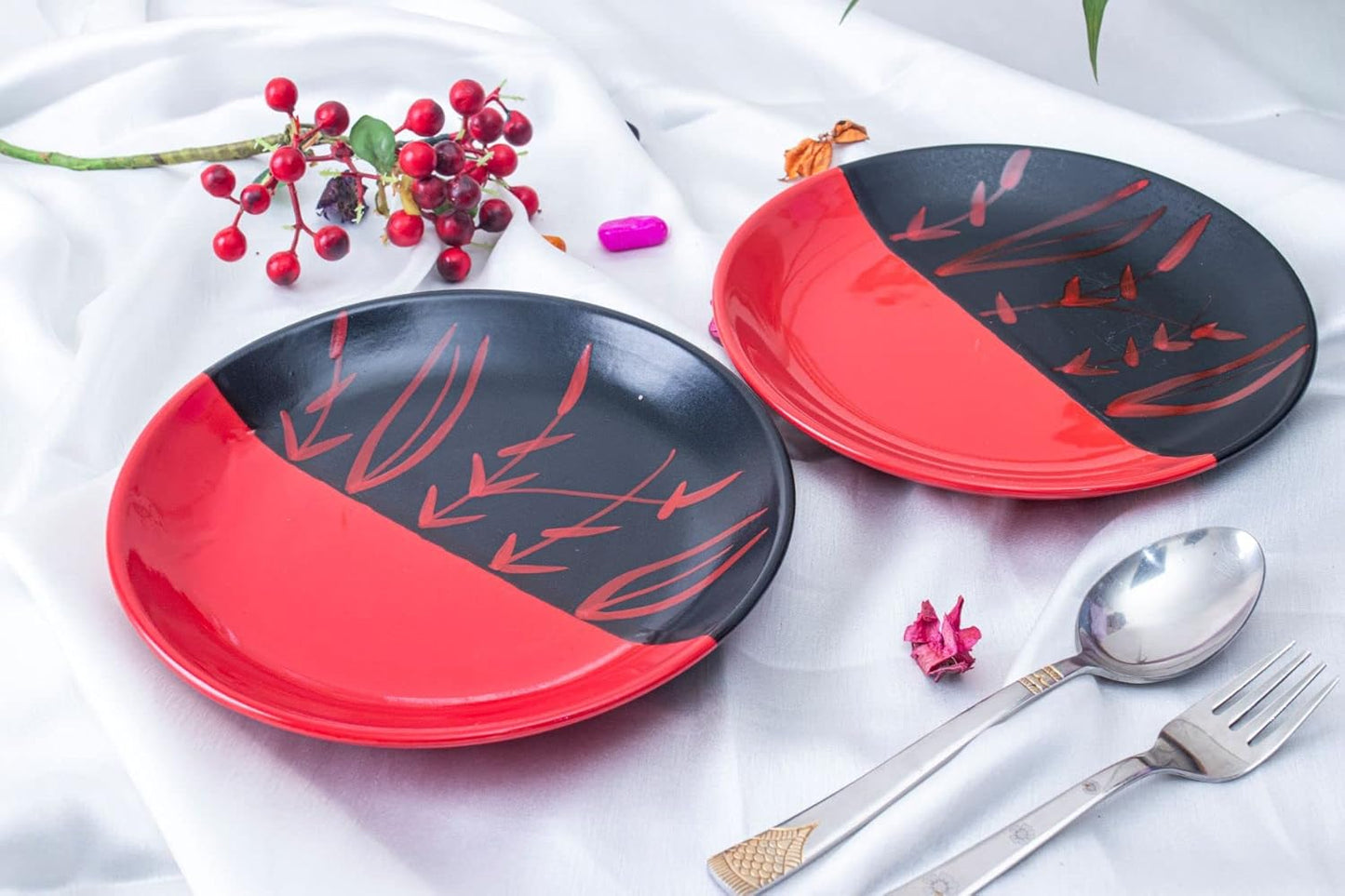 Caffeine Ceramic Handmade Half Red & Black Bamboo Combo Dinner Set 3 pcs.(1 Dinner Plate,1 Quarter Plate 1 Katori Bowl)