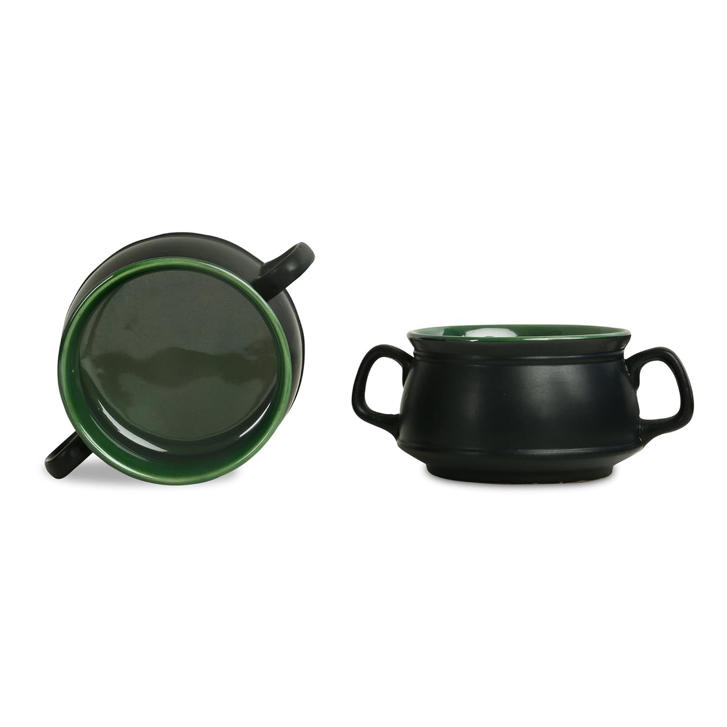 Caffeine Ceramic Handmade Green & Black Double Handle Soup Bowl with spoon set of 6 - Caffeine Premium Stoneware