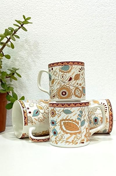 Caffeine Ceramic Handmade White & Gold Floral Tea Cup set of 4 - Caffeine Premium Stoneware