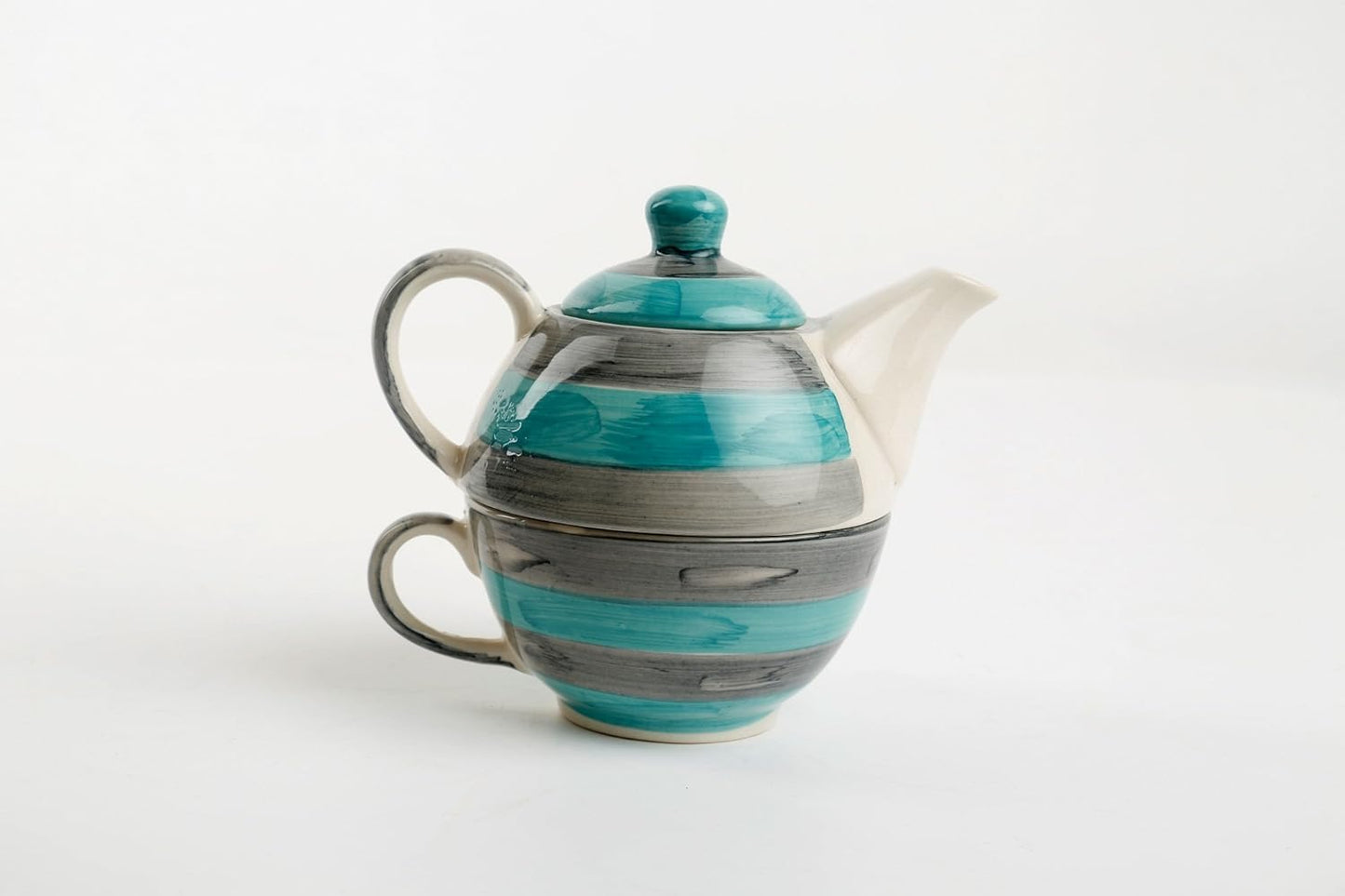 Caffeine Ceramic Handmade Sea Green 2 in 1 Tea Pot (Set of 2, Kettle with Cup)