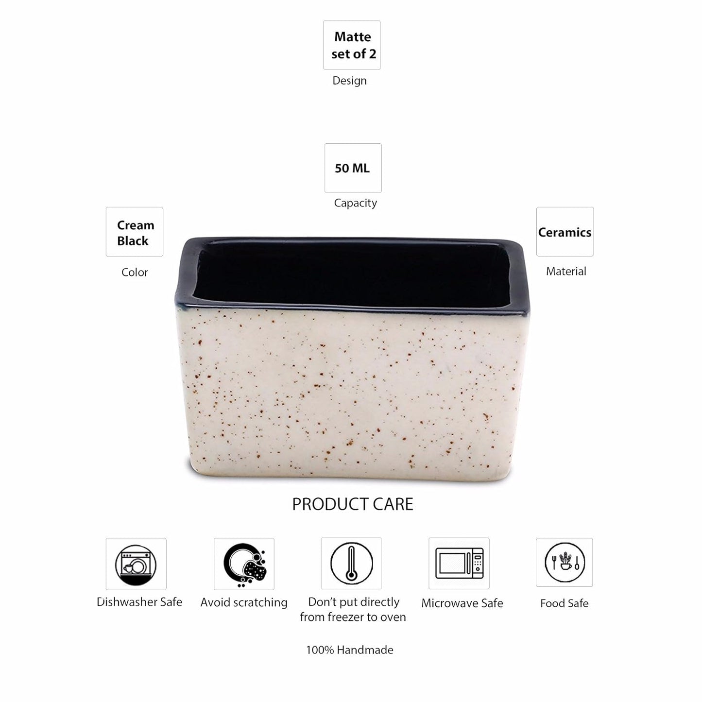 Caffeine Ceramic Stoneware Handmade Dual-Glazed Cream and Black Dip & Sauce (Set of 2, 40ml) - Caffeine Premium Stoneware