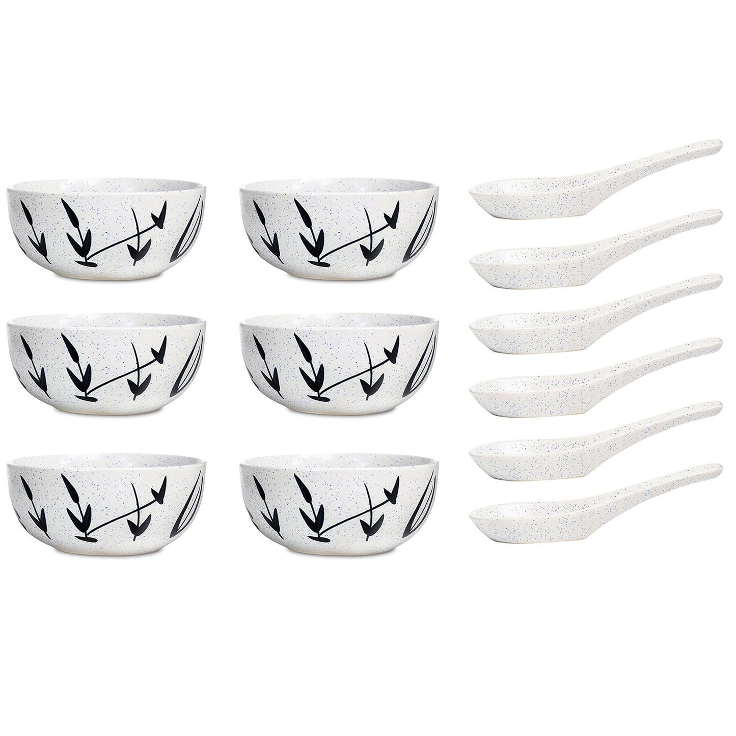 Caffeine Ceramic Handmade White Bamboo Soup Bowl with Spoon Set 6 - Caffeine Premium Stoneware