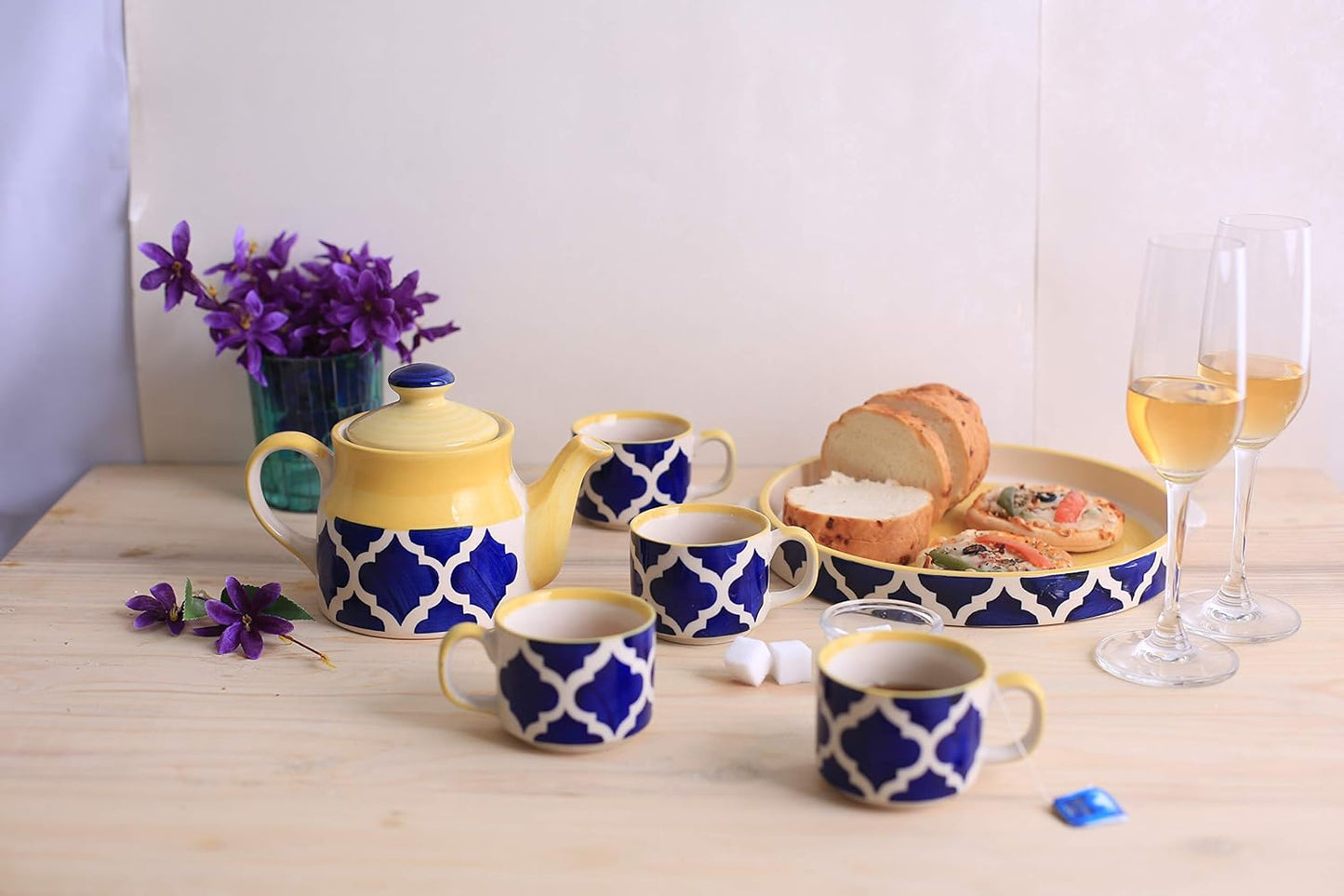 Caffeine Ceramic Handmade Blue umrao Tea Tray Set (6 pc) - Caffeine Premium Stoneware