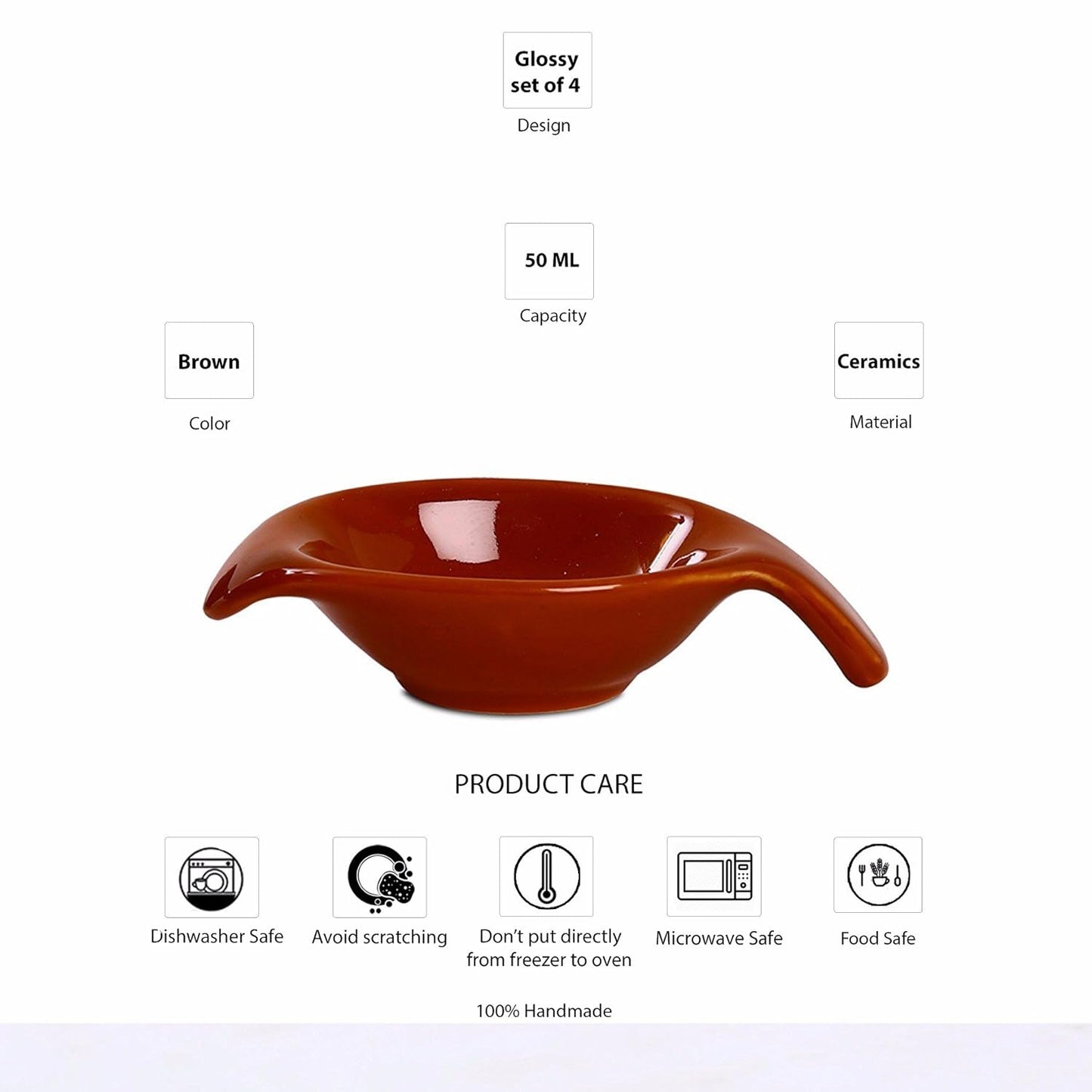 Caffeine Ceramic Stoneware Handmade Brown Glossy Dip and Sauce (Set of 4, 40 ml) - Caffeine Premium Stoneware