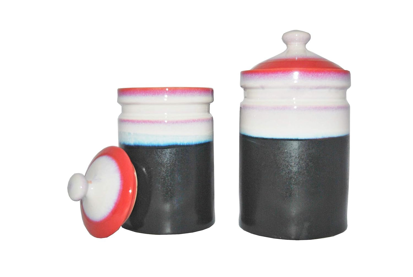Caffeine Ceramic Stoneware Handmade White And Black & Red Barni/Pickle Jar (Set of 3) - Caffeine Premium Stoneware