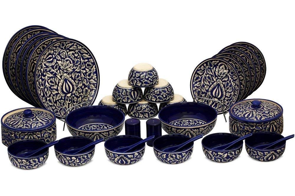 Caffeine Ceramic Handmade Blue Mughal Dinner Set (37 pieces - Microwave & Dishwasher Safe) - Caffeine Premium Stoneware