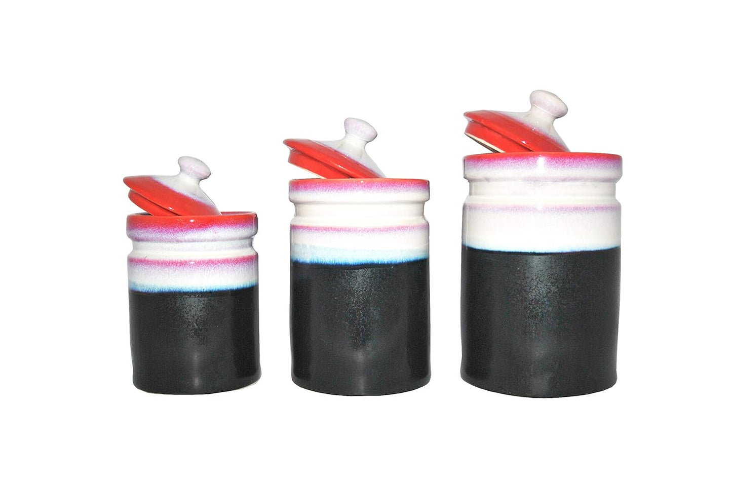 Caffeine Ceramic Stoneware Handmade White And Black & Red Barni/Pickle Jar (Set of 3) - Caffeine Premium Stoneware