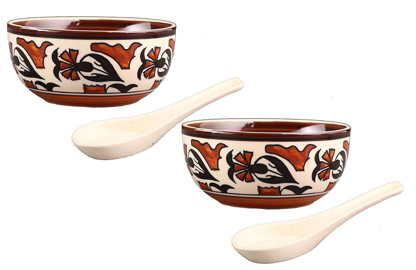Caffeine Ceramic Handmade Brown and White Flower Print Soup Bowl with spoon set of 6 - Caffeine Premium Stoneware