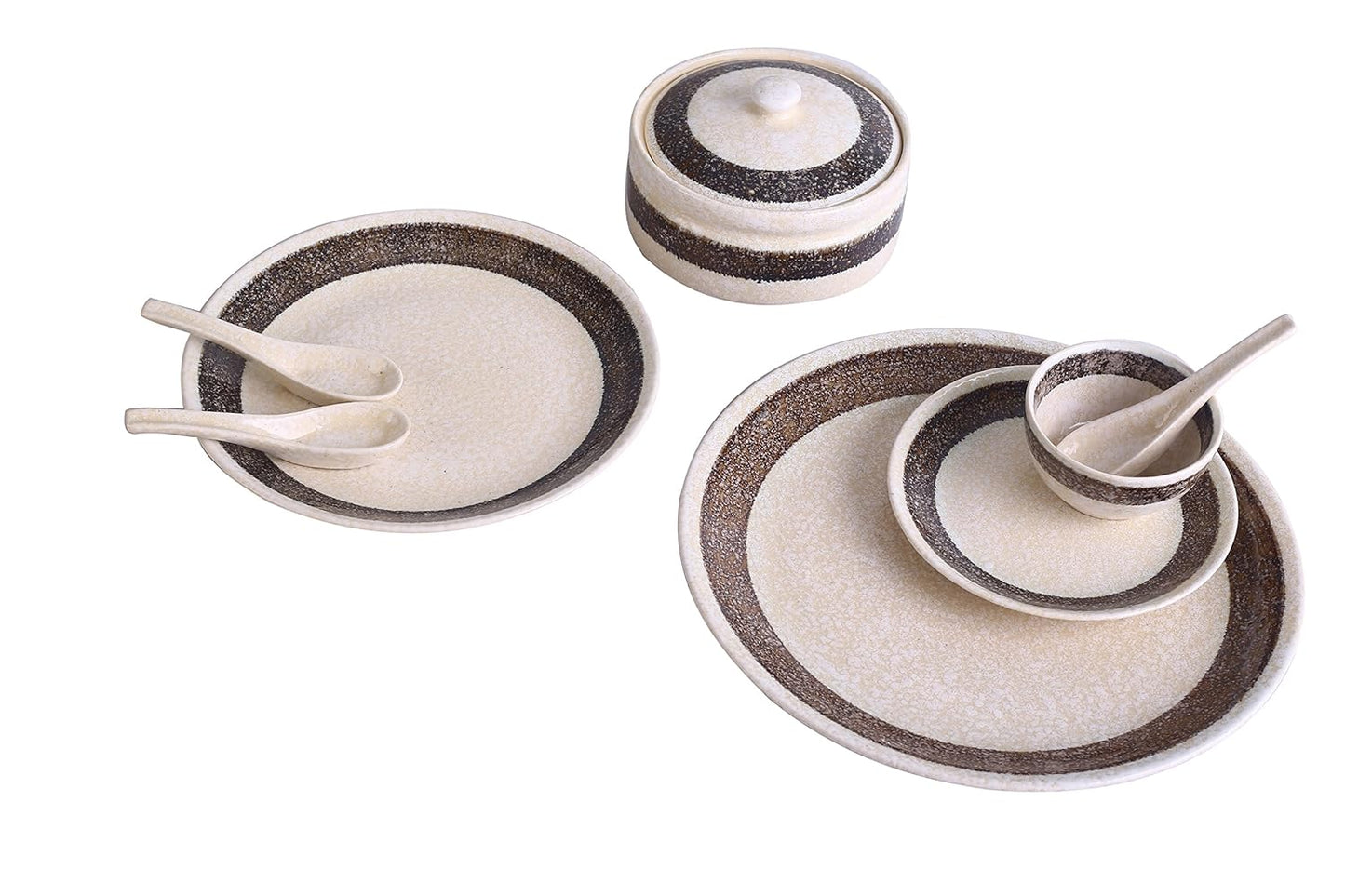 Caffeine Ceramic Handmade cream and brown Patta Dinner Set (37 pieces - Microwave & Dishwasher Safe) - Caffeine Premium Stoneware