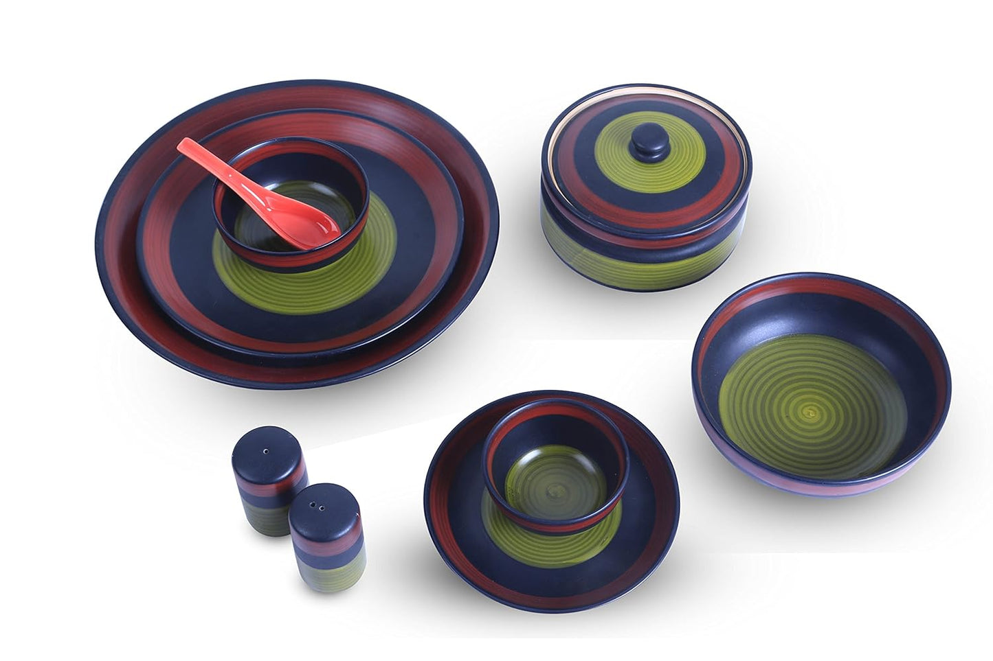 Caffeine Ceramic Handmade Green Chandrakari Dinner Set (37 pcs.) - Caffeine Premium Stoneware