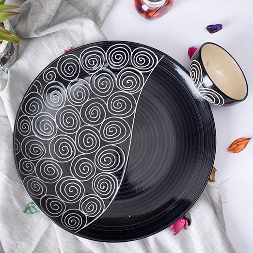 Caffeine Ceramic Handmade Black Doodle Combo Dinner Set of 4 - Caffeine Premium Stoneware