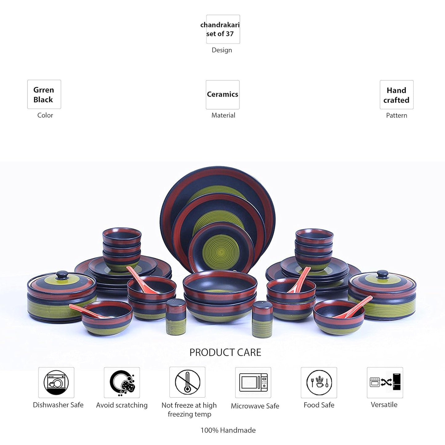 Caffeine Ceramic Handmade Green Chandrakari Dinner Set (37 pcs.) - Caffeine Premium Stoneware