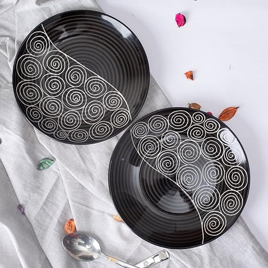 Caffeine Ceramic Handmade Black Doodle Combo Dinner Set of 4 - Caffeine Premium Stoneware
