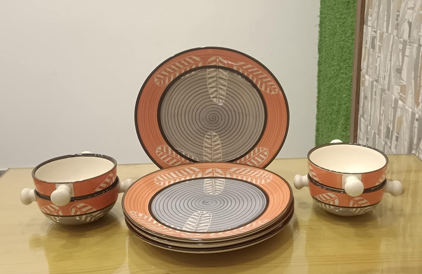 Caffeine Ceramic Handmade Red & Black Combo Dinner Set ( 15 pcs. Microwave & Dishwasher Safe )