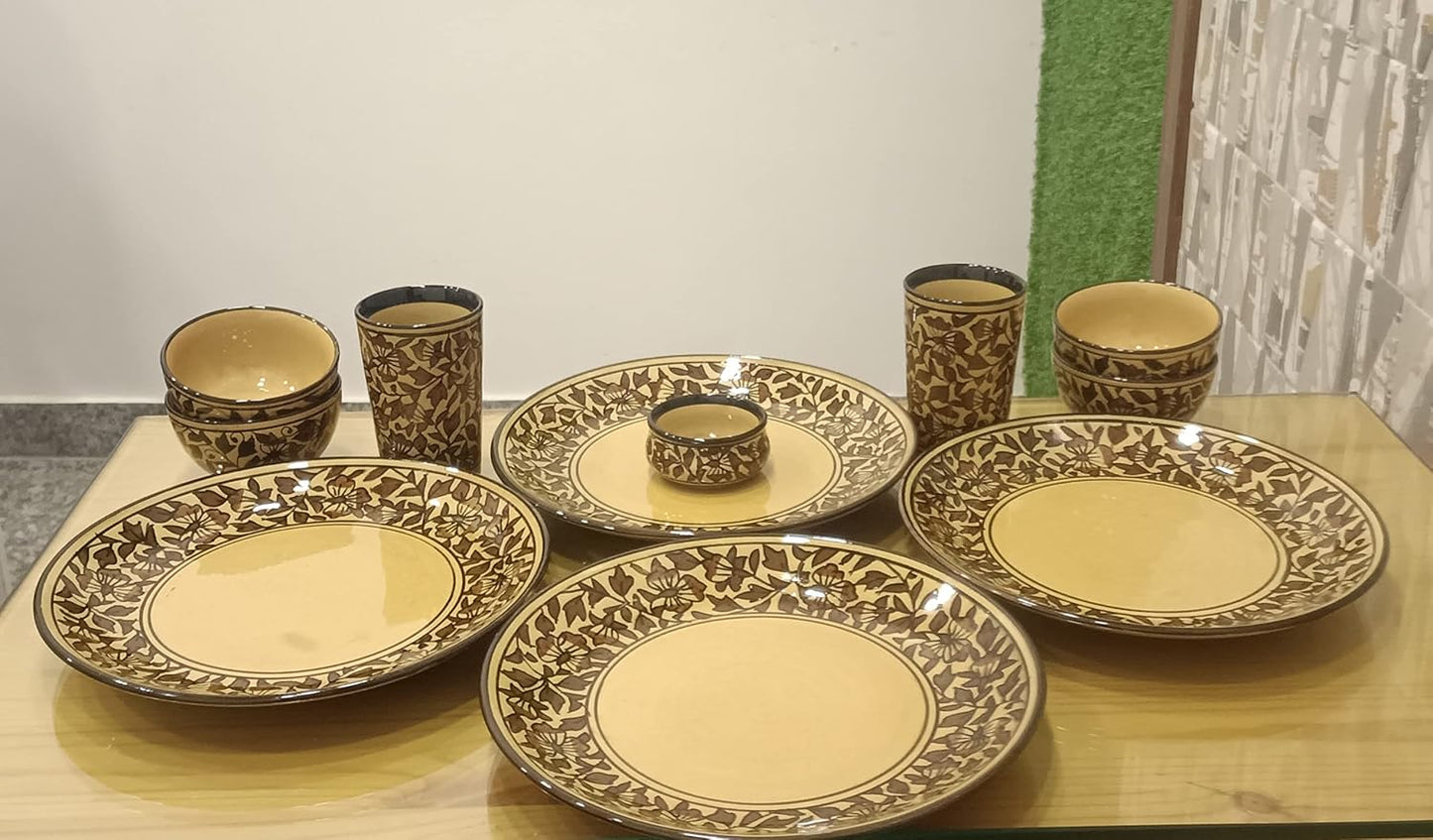 Caffeine Ceramic Handmade Brown sehra Dinner Set (Set of 11)pcs