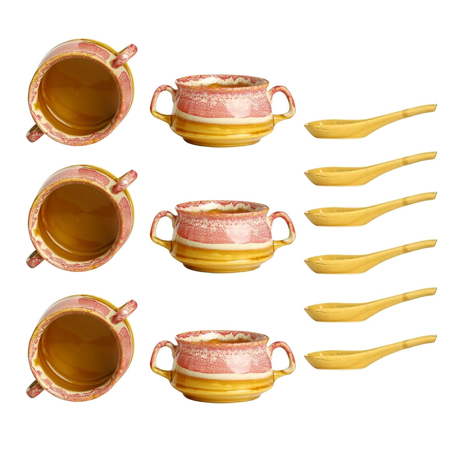 Caffeine Ceramic Handmade Pink and Brown Double Handle Soup Bowls with spoon set of 6 - Caffeine Premium Stoneware
