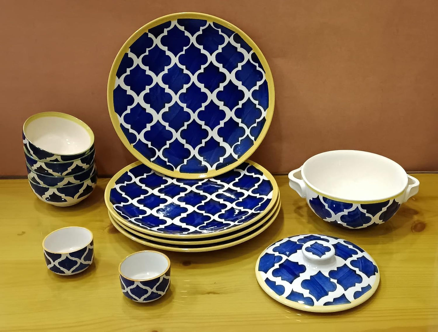 Caffeine Ceramic Handmade Blue Umrao Combo Dinner Set (set of 11 pcs)