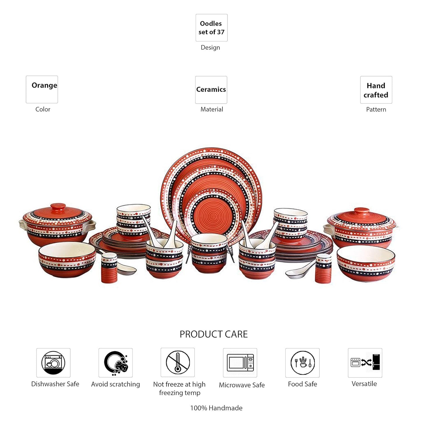 Caffeine Ceramic Handmade Red and Black Dotted Dinner Set (37 pieces - Microwave & Dishwasher Safe) - Caffeine Premium Stoneware